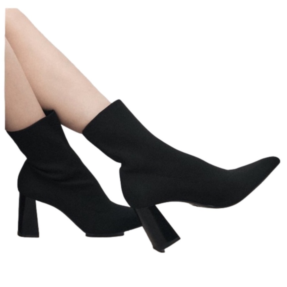 NWOT Zara Collection Black Ankle Length Sock Bootie with Chunky Square Heels